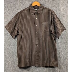 Avirex Brown Button Down White Pin Stripe Shirt Men XL Short Sleeve Pockets